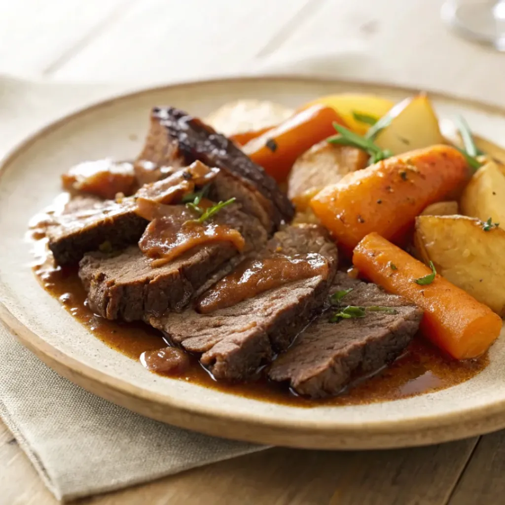 Slow cooker pot roast ready to serve