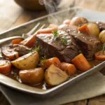 This Slow Cooker Pot Roast with Root Vegetables is the ultimate comfort meal. Tender, slow-cooked beef melts in your mouth, surrounded by hearty carrots, potatoes, and onions, all infused with rich, savory flavors. Perfect for family dinners, holiday gatherings, or cozy weeknight meals, this recipe makes a complete, one-pot dinner with minimal effort. The slow cooker ensures the beef becomes fork-tender and the vegetables soak up the delicious juices. It’s a hearty, homey dish that fills your kitchen with an irresistible aroma. Save this recipe to your collection for easy, stress-free dinners that taste like they’ve been cooking all day. Why You’ll Love This Recipe Slow cooker does all the work while you go about your day Tender, melt-in-your-mouth beef every time Root vegetables absorb rich flavors from the pot roast Perfect for meal prep or feeding a crowd Pork-free and family-friendly Ingredients 3–4 lbs beef chuck roast 2 tablespoons olive oil 1 teaspoon salt ½ teaspoon black pepper 1 teaspoon garlic powder 1 teaspoon onion powder 1 teaspoon dried thyme 1 teaspoon dried rosemary 4 medium carrots, peeled and cut into large chunks 3 medium potatoes, cut into large chunks 2 celery stalks, chopped 1 medium onion, cut into wedges 3 cloves garlic, minced 2 cups beef broth 1 tablespoon tomato paste 1 tablespoon Worcestershire sauce 2 tablespoons cornstarch (optional, for thickening) 2 tablespoons water (optional, for thickening) Step-by-Step Instructions Pat the beef roast dry and season generously with salt, pepper, garlic powder, and onion powder. Heat olive oil in a large skillet over medium-high heat. Sear the roast on all sides until browned, about 3–4 minutes per side. Transfer the seared roast to the slow cooker. Add carrots, potatoes, celery, onion, and garlic around the roast. In a small bowl, whisk together beef broth, tomato paste, Worcestershire sauce, thyme, and rosemary. Pour over the roast and vegetables. Cover and cook on LOW for 8 hours or HIGH for 4–5 hours, until the beef is fork-tender. Optional: Remove the meat and vegetables from the slow cooker. Mix cornstarch and water in a small bowl, then stir into the juices in the slow cooker. Cook on HIGH for 5–10 minutes until the gravy thickens. Slice or shred the roast and serve with the root vegetables, topped with the rich gravy. Tips & Variations Use a chuck roast for the best tender texture For added depth, sear the vegetables lightly before adding to the slow cooker Add parsnips or turnips along with the other root vegetables for a twist Garnish with fresh thyme or parsley for presentation If you prefer a thicker gravy, reduce the liquid slightly or use cornstarch slurry Storage & Freezer Instructions Refrigerate leftovers in an airtight container for up to 4 days Reheat portions in a skillet over medium heat or microwave until warmed through Freeze cooked pot roast and vegetables in airtight containers for up to 3 months Thaw in the refrigerator overnight before reheating Serving & Pairing Ideas Serve over creamy mashed potatoes or buttered egg noodles Pair with crusty bread to soak up the gravy Add a simple green salad or steamed green beans for balance Serve with roasted garlic or caramelized onions for extra flavor Frequently Asked Questions Can I cook this roast without searing first? Yes, but searing adds a deeper flavor and richer color to the meat. It’s worth the extra few minutes if you want that classic pot roast taste. How do I know when the beef is done? The beef is ready when it’s fork-tender and pulls apart easily. Cooking times vary slightly depending on the roast size and slow cooker model. Can I use other types of beef for this recipe? Chuck roast is best for tenderness, but brisket or rump roast can also work. Adjust cooking times as needed for different cuts. Can I make this gluten-free? Yes. Ensure your Worcestershire sauce is gluten-free and skip the cornstarch if you want a naturally thickened gravy. Ready to Make It? This Slow Cooker Pot Roast with Root Vegetables is comfort food at its finest. Tender, savory, and full of flavor, it’s a hands-off dinner that feeds the whole family. Add this recipe to your slow cooker rotation for effortless, satisfying meals. You Might Also Like Classic Cottage Pie – Hearty beef and vegetable filling topped with creamy mashed potatoes Slow Cooker Garlic Butter Chicken – Juicy chicken cooked in rich garlic butter sauce Creamy Chicken Florentine – Savory chicken and spinach baked in a creamy sauce Classic Irish Colcannon – Mashed potatoes with cabbage and butter for traditional comfort