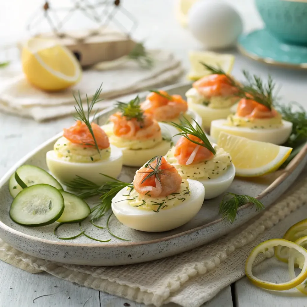 Plate of smoked salmon deviled eggs served with cucumber ribbons and lemon wedges.