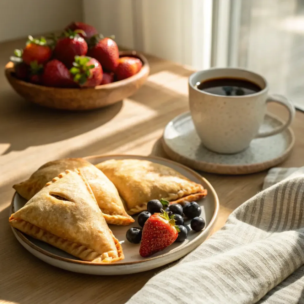 Sourdough discard breakfast pockets served with fruit and coffee