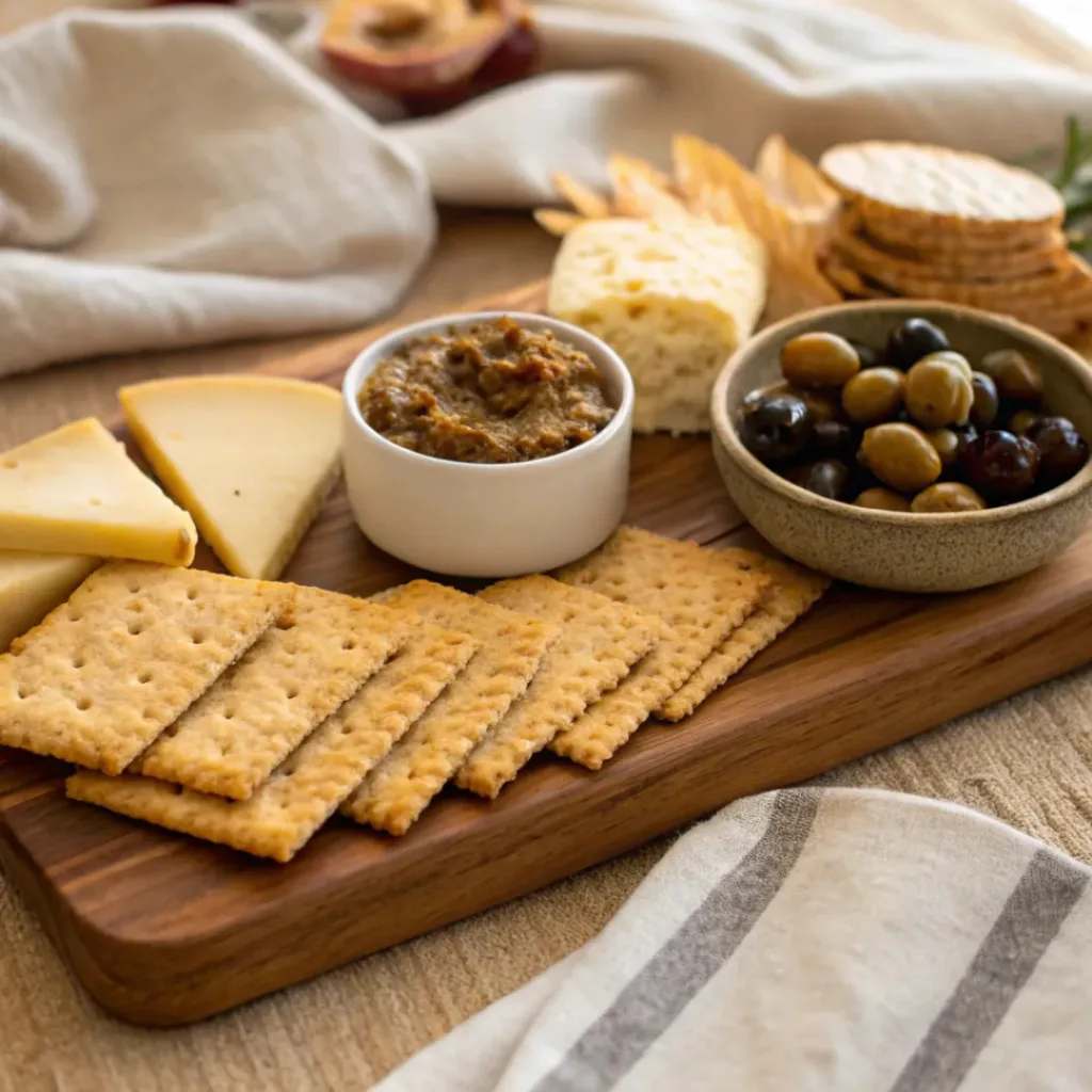 Homemade Crispy Sourdough Discard Crackers 8 Sourdough Discard Crackers on a cheese board