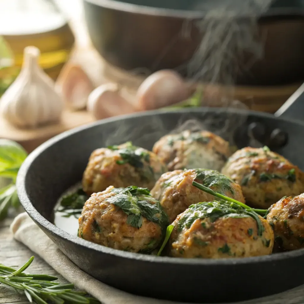 Spinach garlic meatballs in a skillet