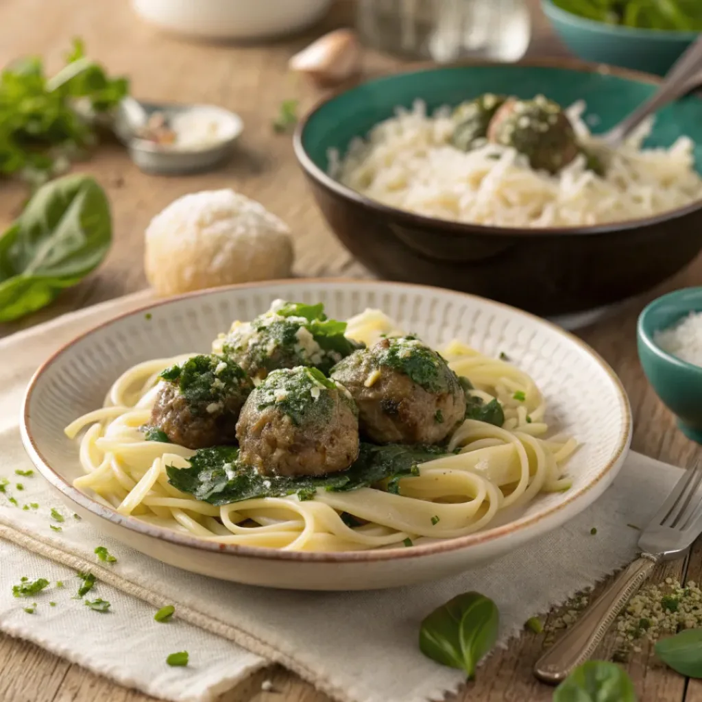 Spinach garlic meatballs served with pasta