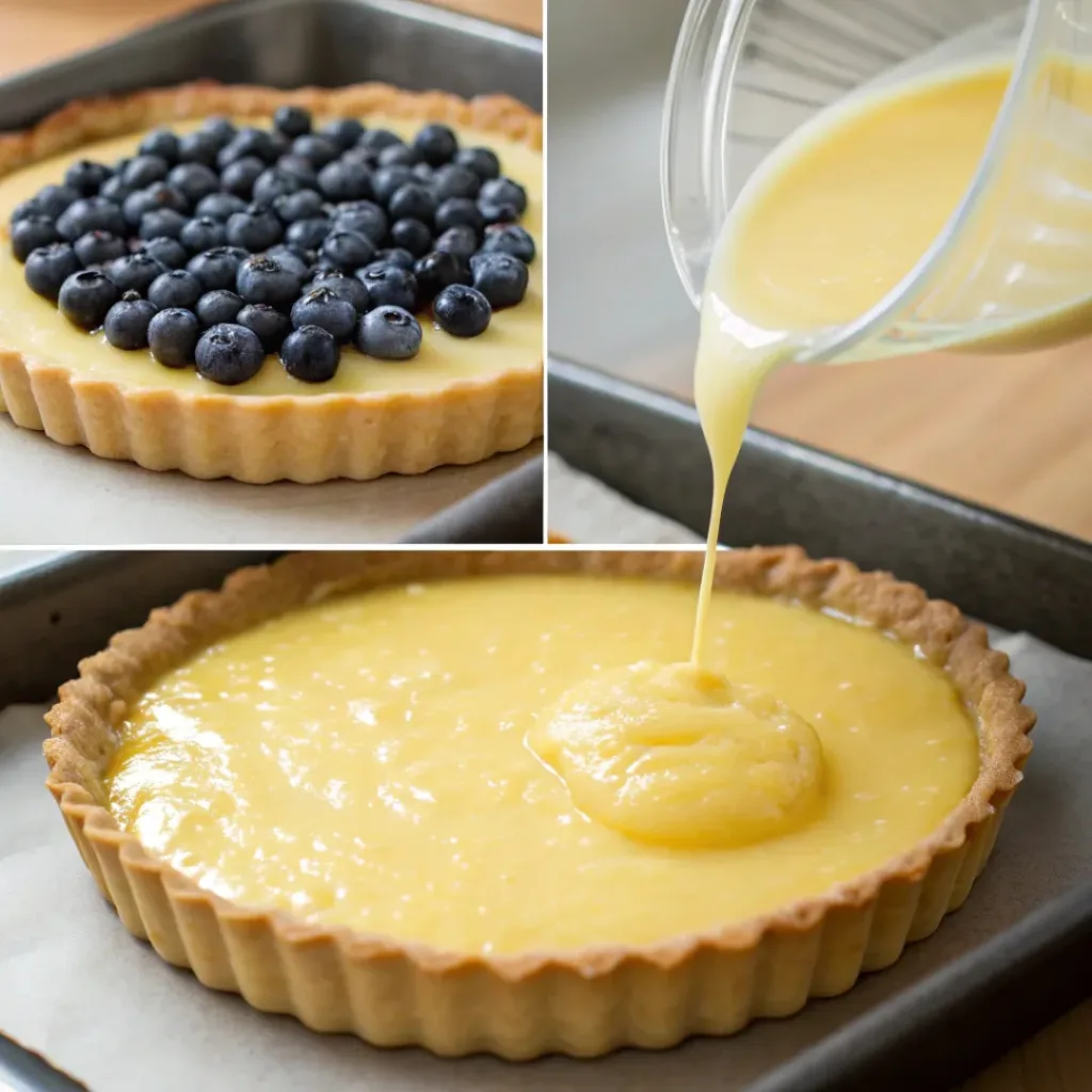 Blueberry lemon tart served with whipped cream 7 Step-by-step collage of blueberry lemon tart preparation