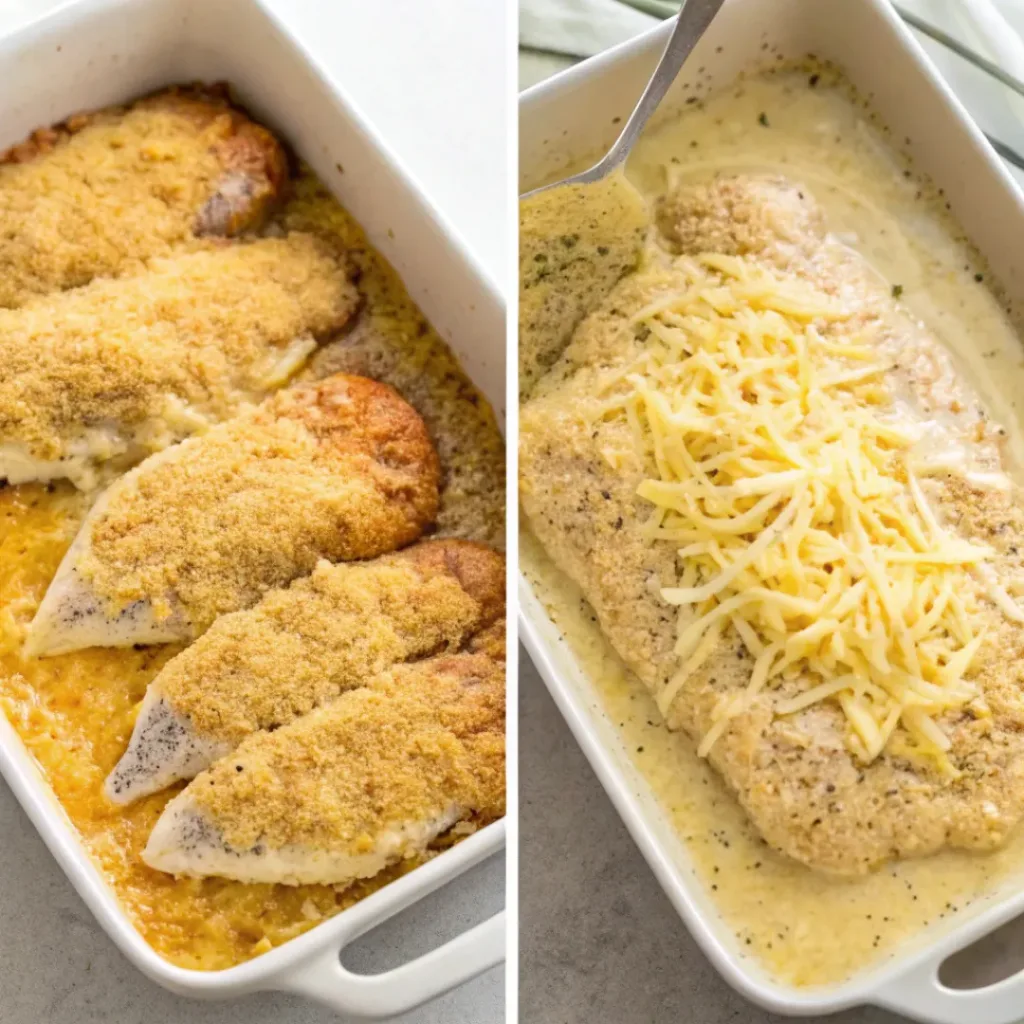 Step-by-step collage of chicken Parmesan casserole preparation
