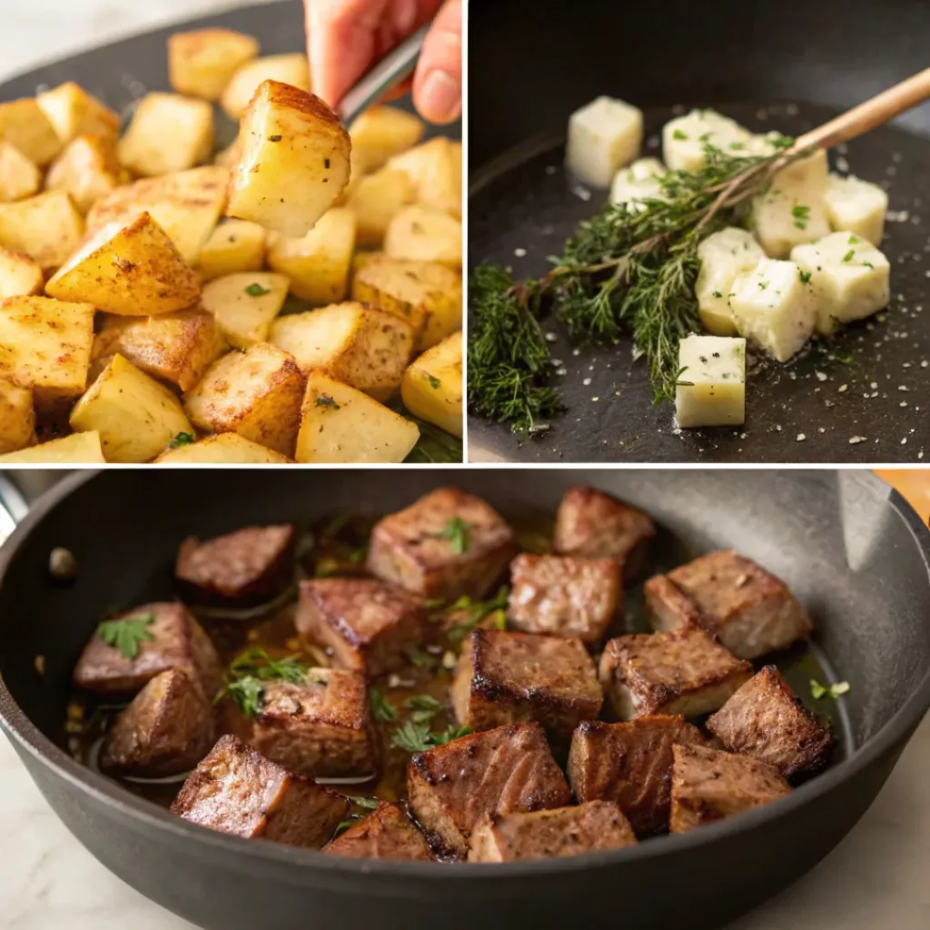 Step-by-step collage of cooking garlic butter steak and potatoes