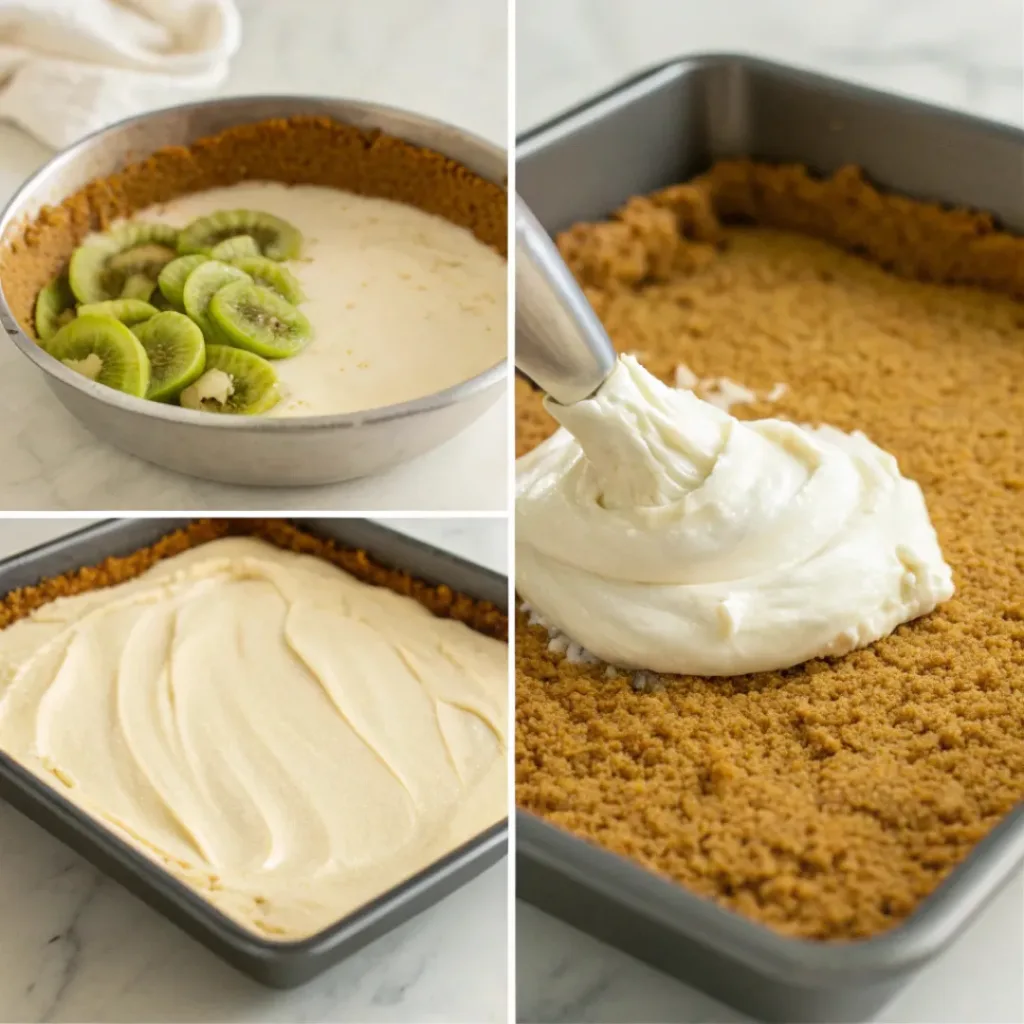 Step-by-step preparation of no bake kiwi cheesecake