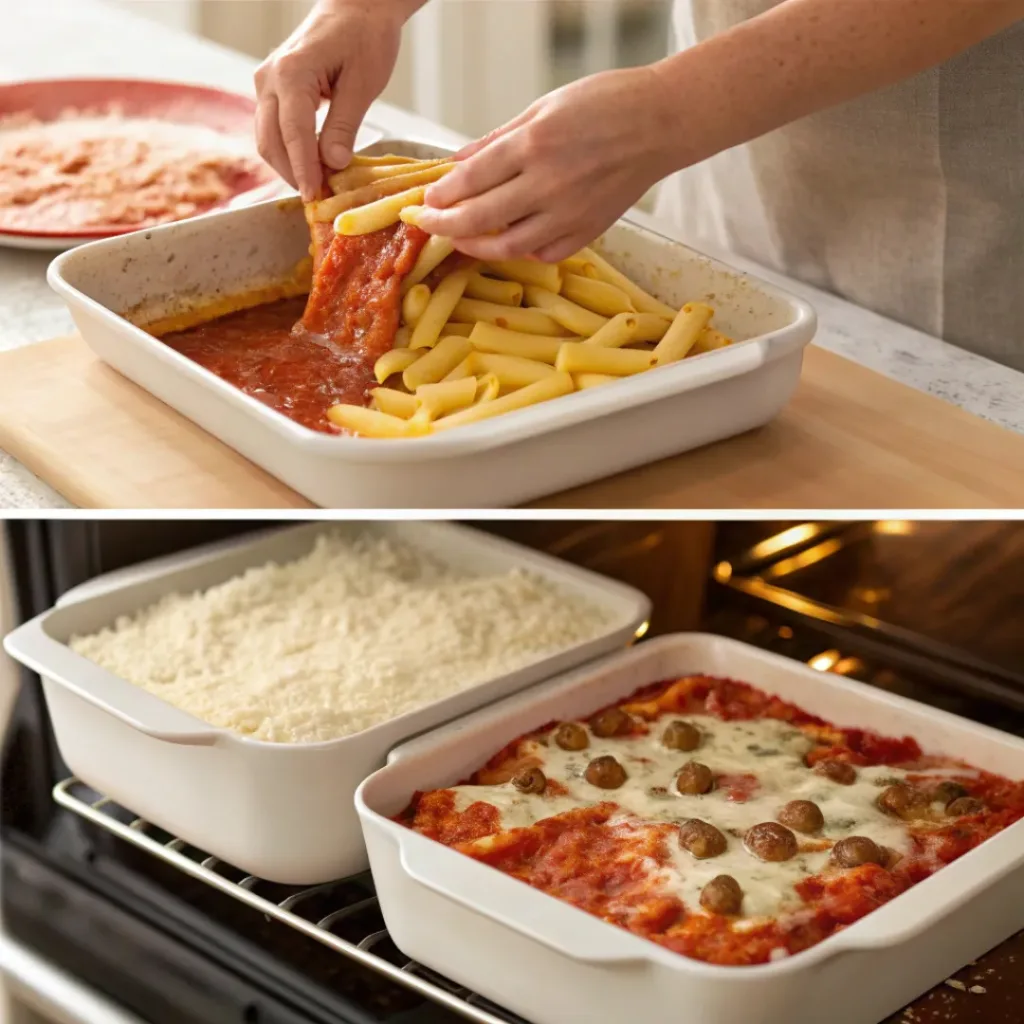 Steps of preparing baked mostaccioli