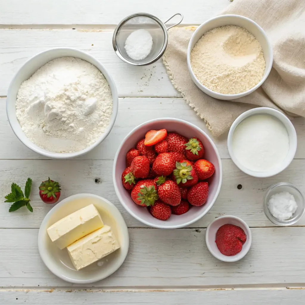 Strawberries and Cream Scones – Soft Bakery-Style Treat 6 Flat lay of ingredients for strawberries and cream scones