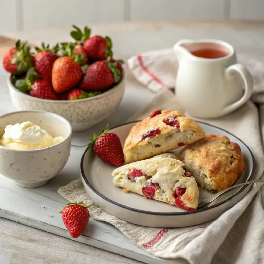 Strawberries and Cream Scones – Soft Bakery-Style Treat 8 Strawberries and cream scones ready to eat