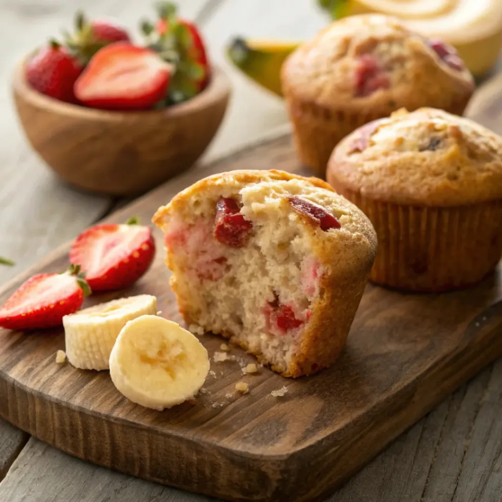 Golden strawberry banana muffins with fresh strawberries and banana slices.