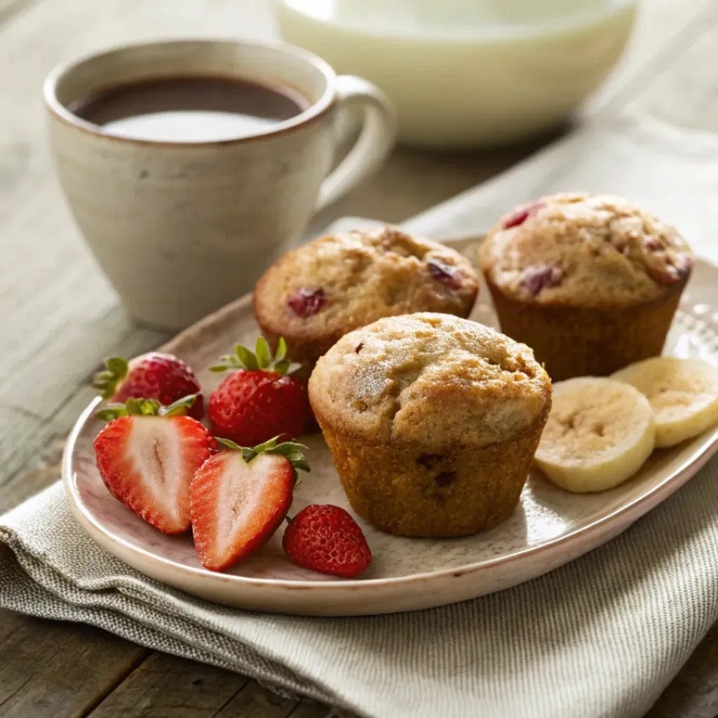 Strawberry banana muffins served with coffee and fresh fruit.