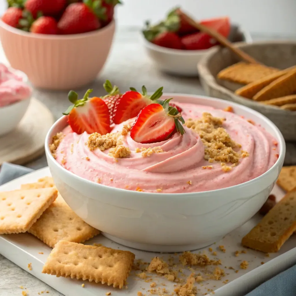 Bowl of strawberry cheesecake dip topped with fresh strawberries