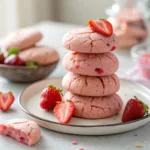Soft strawberry cookies stacked on a plate