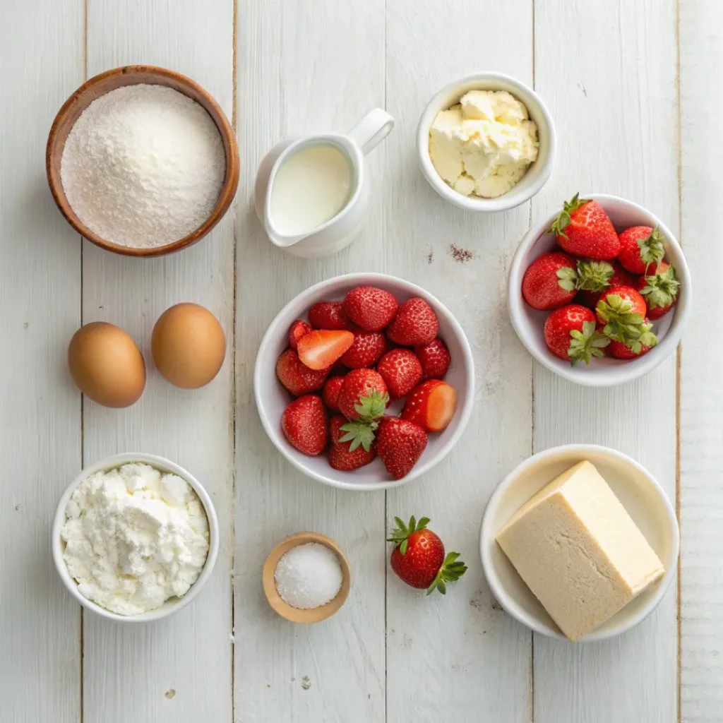 Flat lay of ingredients for strawberry shortcake bars