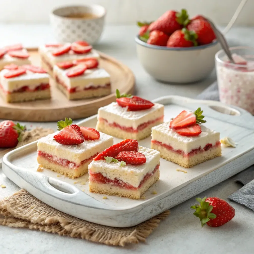 Strawberry shortcake bars ready to serve
