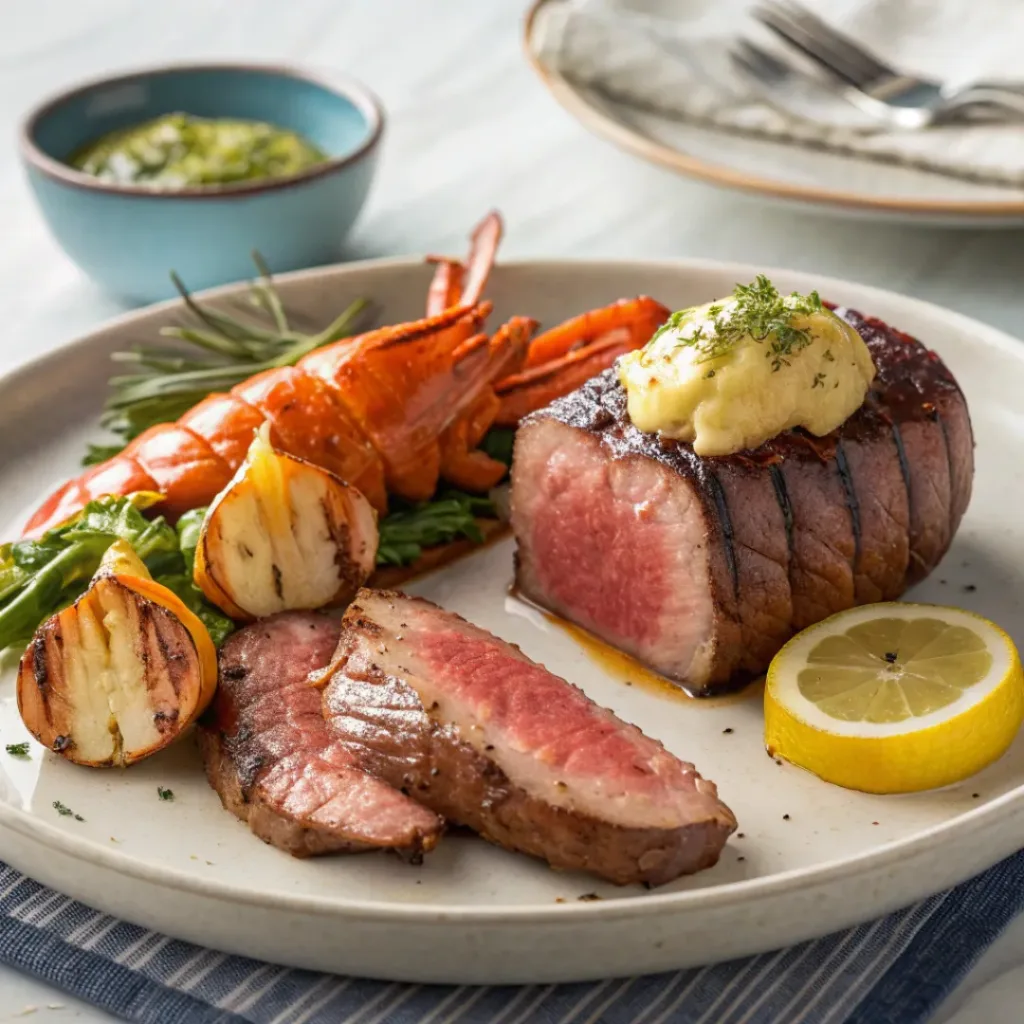 Surf and turf dinner plated and ready to eat