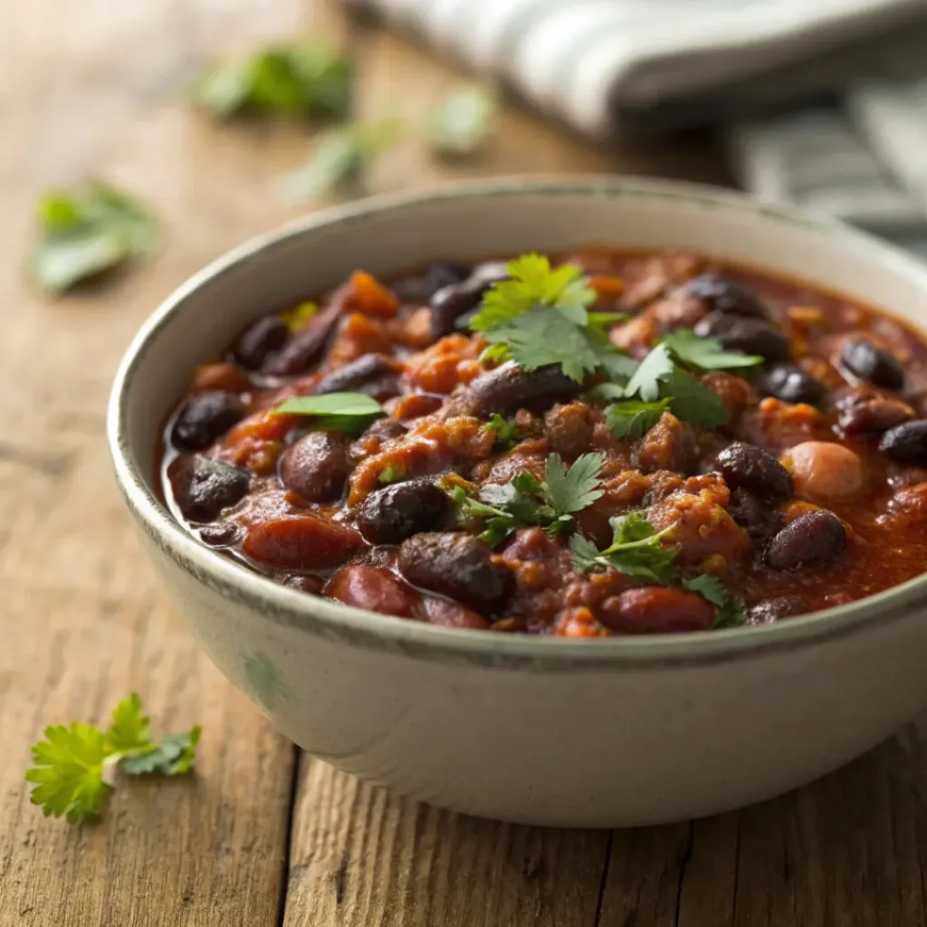 Bowl of hearty three bean chili with mixed beans