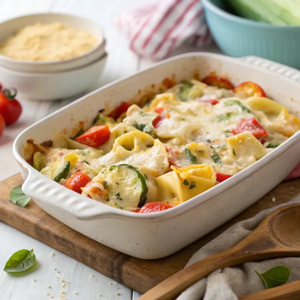 Baking dish of tortellini vegetable bake