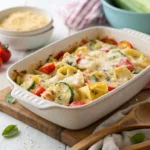 Baking dish of tortellini vegetable bake