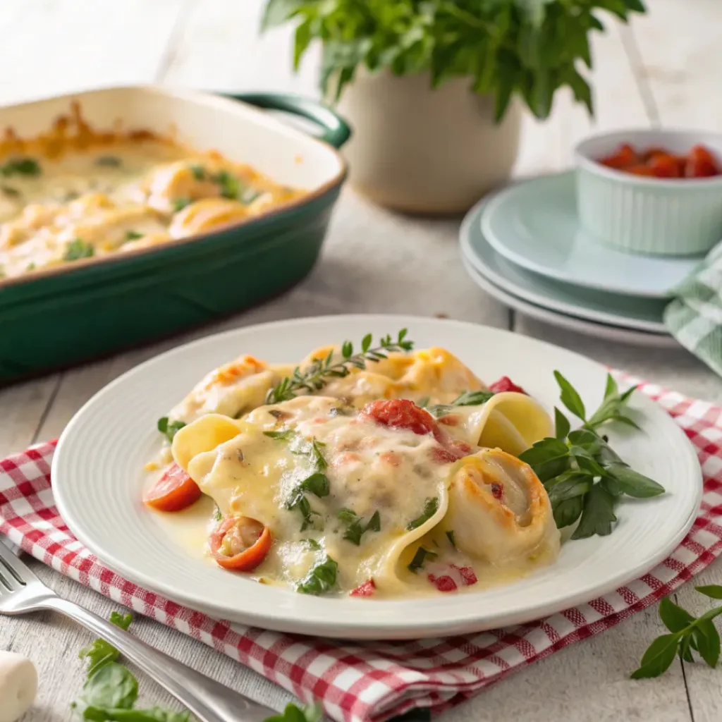 Tortellini vegetable bake served on a plate