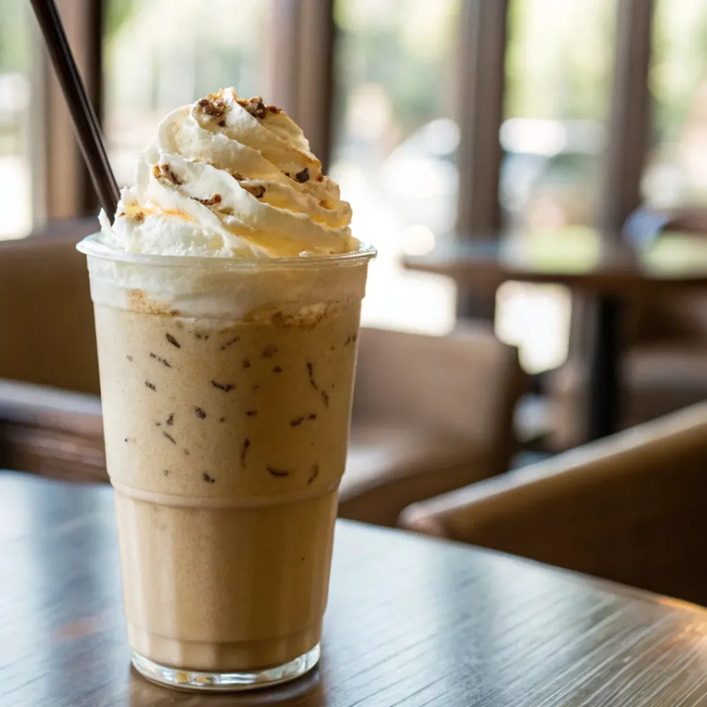 Glass of vanilla bean frappuccino with whipped cream