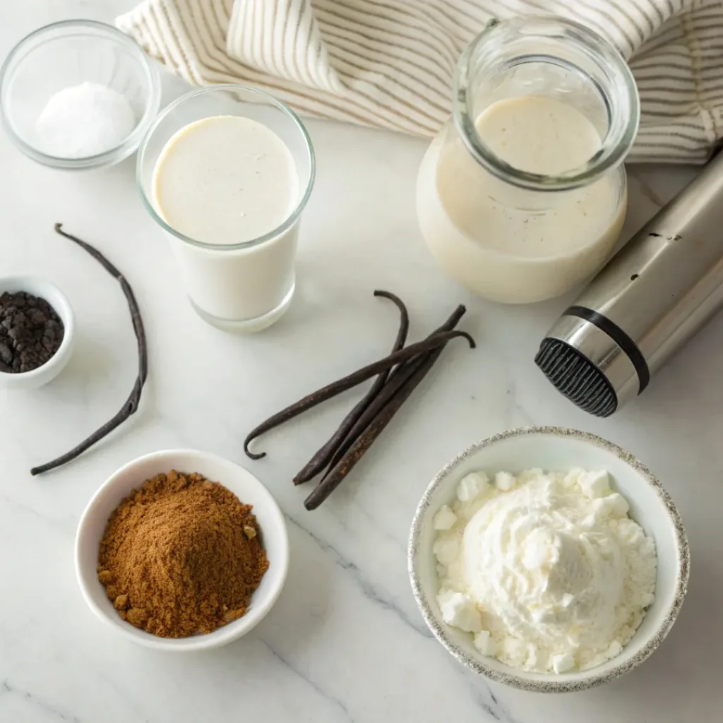Flat lay of vanilla bean frappuccino ingredients