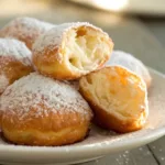 Golden vanilla French beignets dusted with powdered sugar