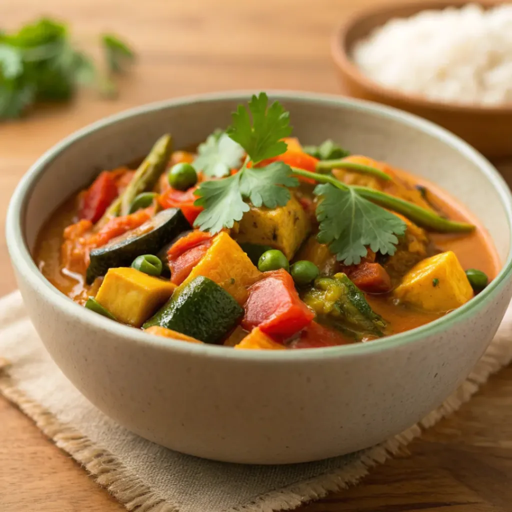 Bowl of vegetable curry with mixed vegetables and herbs