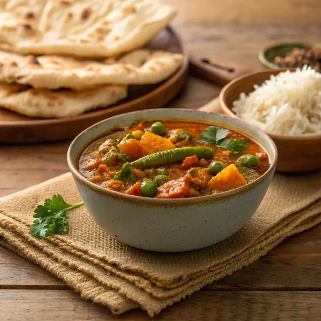 Vegetable curry served with basmati rice and naan