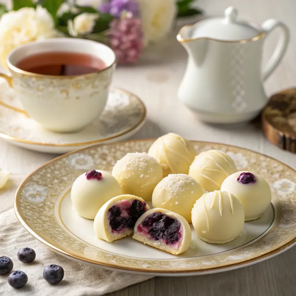 White chocolate blueberry truffles served on a plate