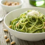 Bowl of zucchini noodles tossed in pesto with Parmesan