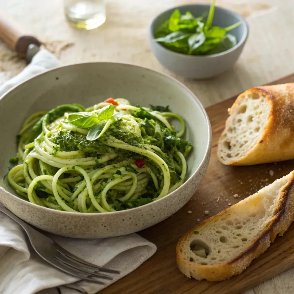 Zucchini Noodles with Pesto – Quick & Healthy Dinner 8 Zucchini noodles with pesto served with bread and salad
