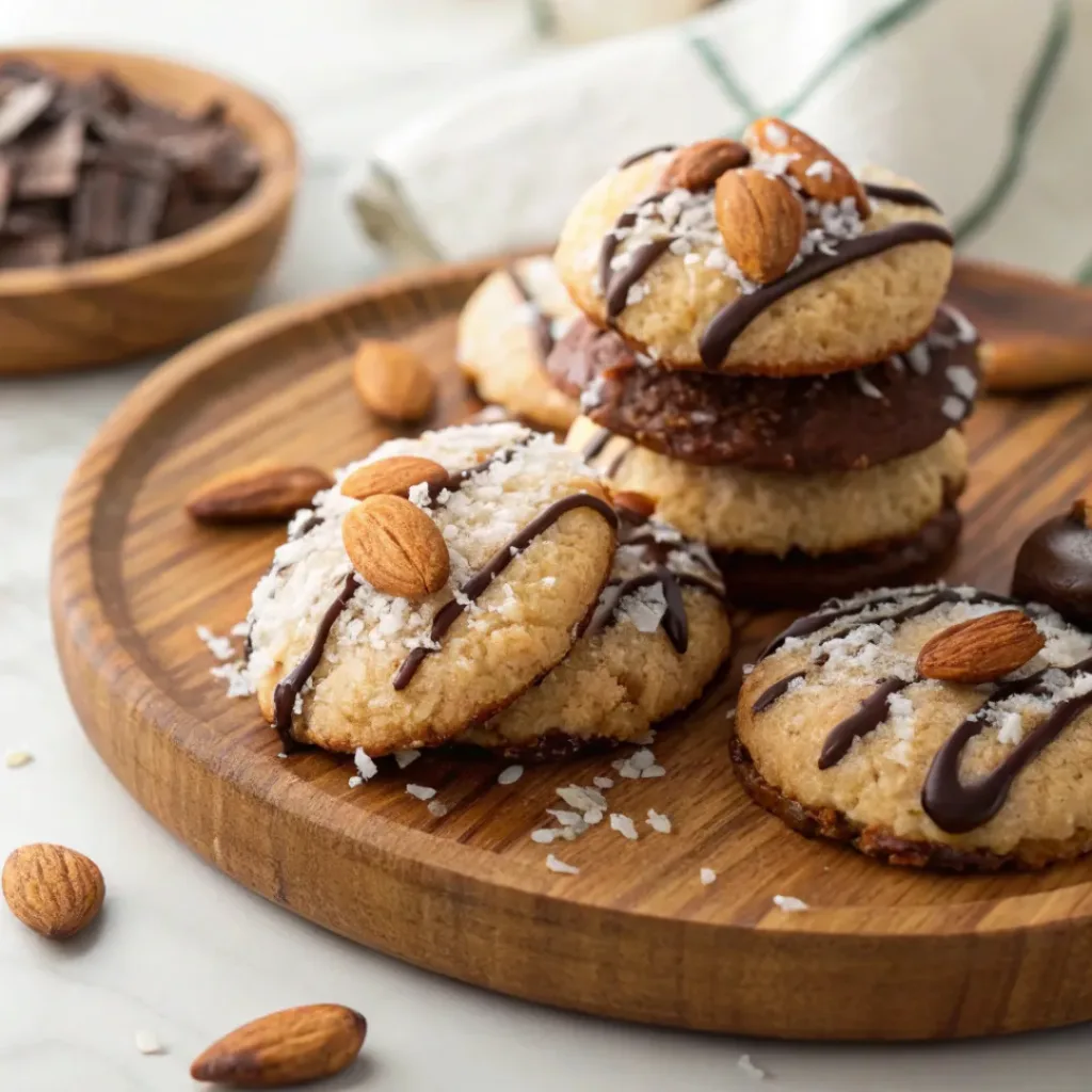 Almond Joy cookies topped with shredded coconut, almonds, and chocolate drizzle