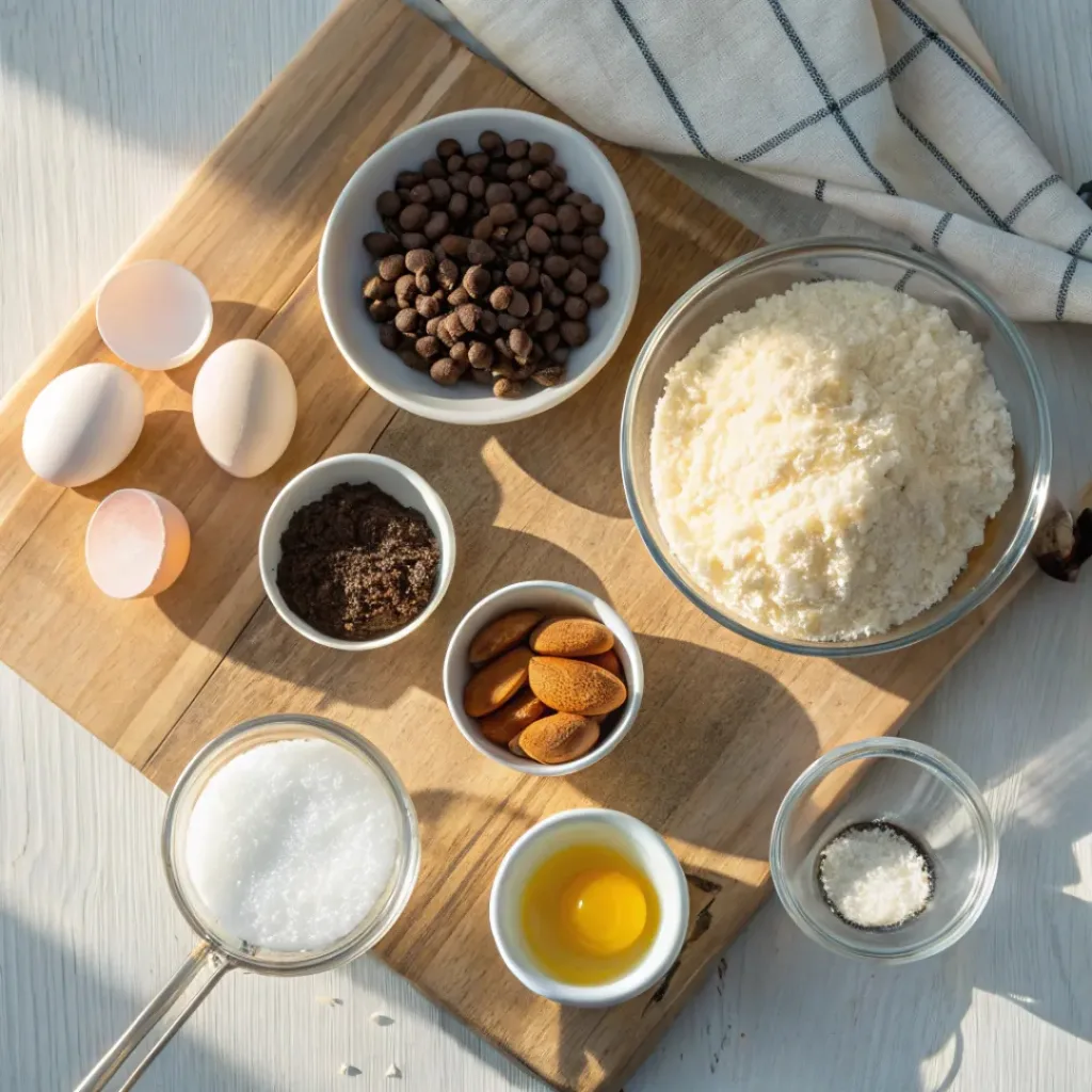 Flat lay of chocolate, shredded coconut, almonds, flour, and other cookie ingredients