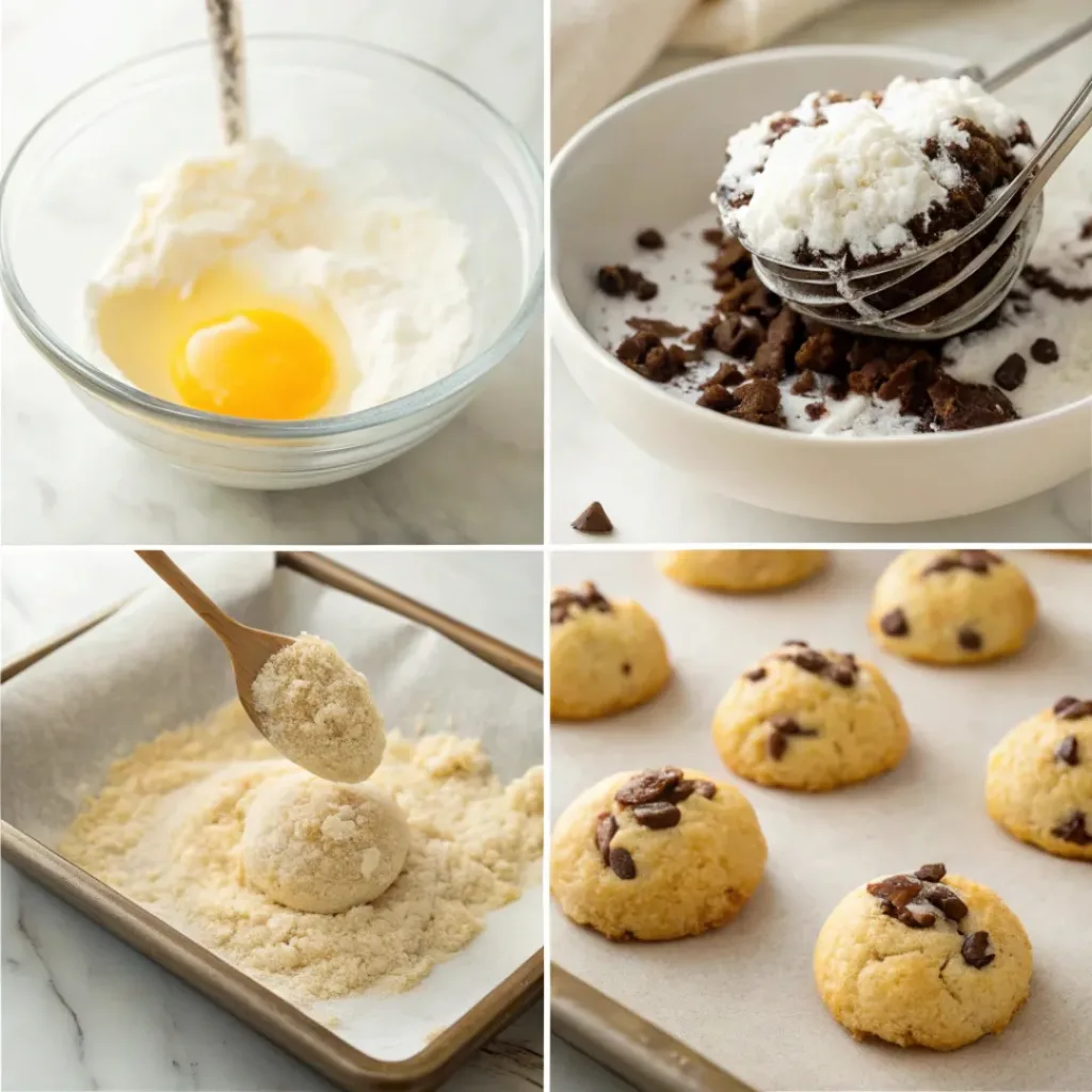 Four-panel collage showing mixing dough, adding toppings, baking, and drizzling chocolate
