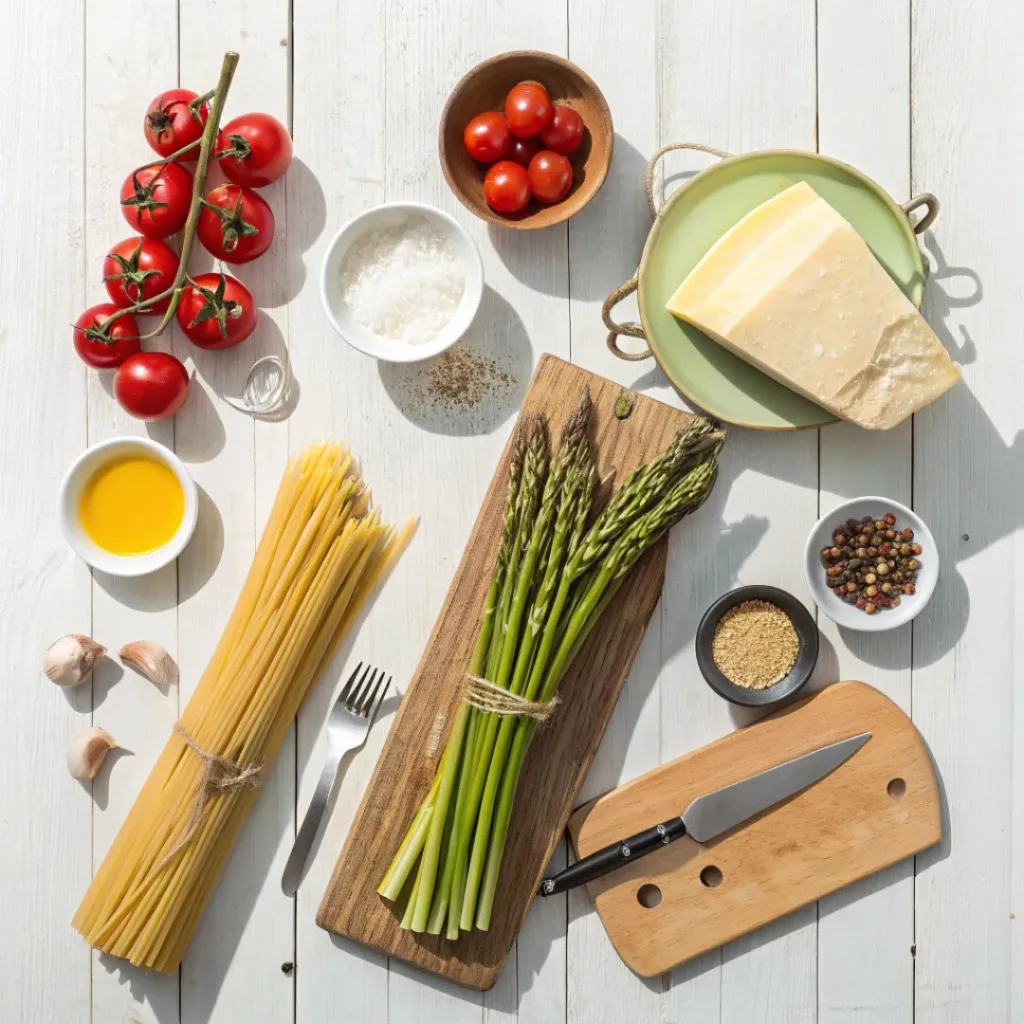Flat lay of pasta, asparagus, cherry tomatoes, garlic, Parmesan, and olive oil