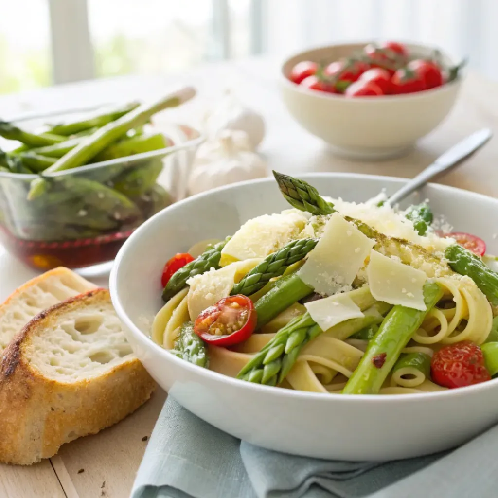 Asparagus pasta served with Parmesan and a side of garlic bread