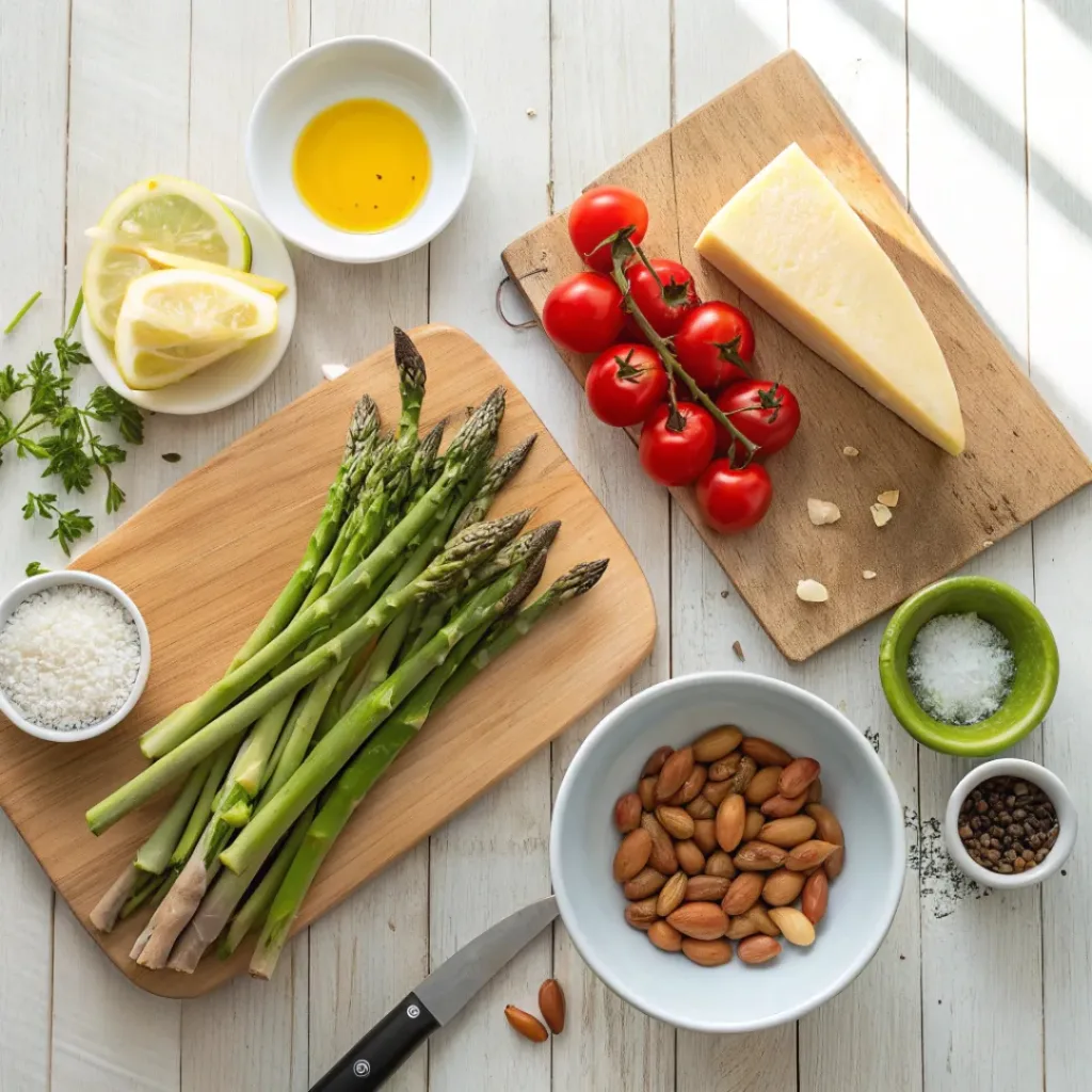 Flat lay of fresh asparagus, cherry tomatoes, Parmesan, almonds, and lemon