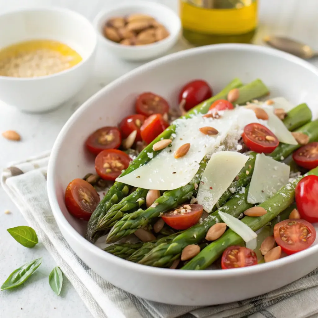 Asparagus salad served with Parmesan, almonds, and cherry tomatoes