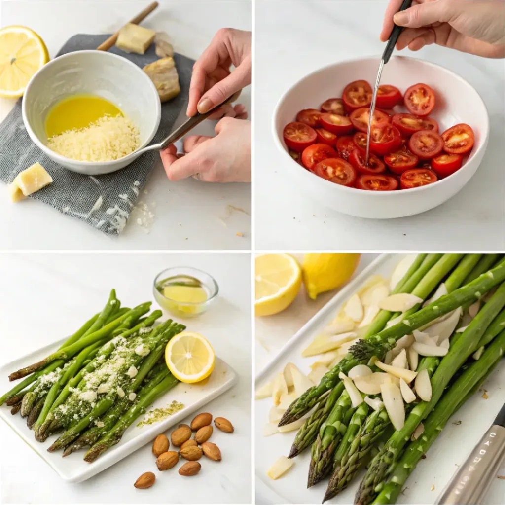 Four-panel collage showing trimming asparagus, prepping tomatoes, tossing salad, and serving