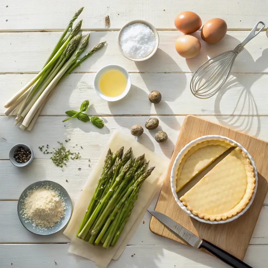 Flat lay of asparagus, pastry, eggs, cream, and cheese