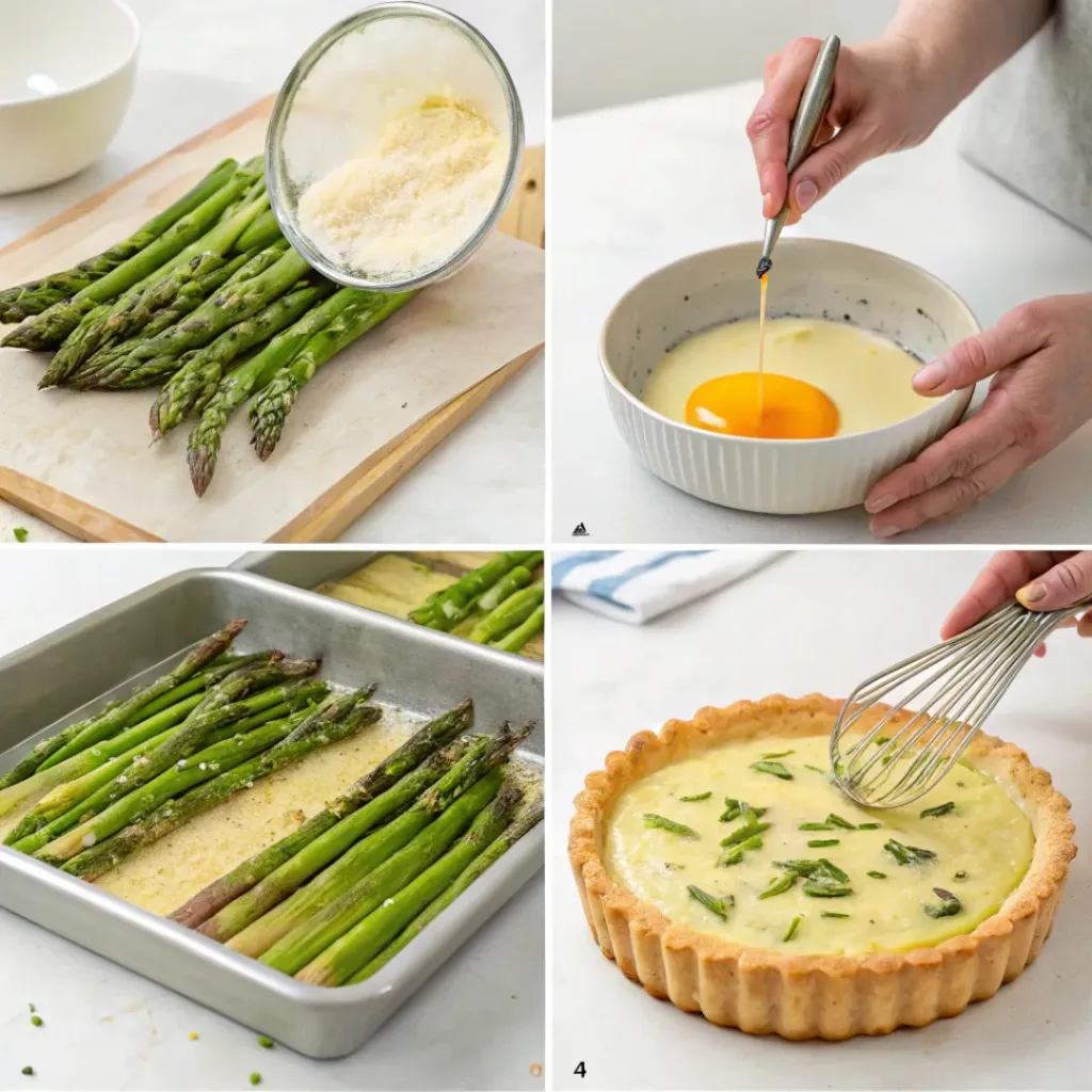 Four-panel collage showing preparing asparagus, mixing filling, assembling, and baked tart