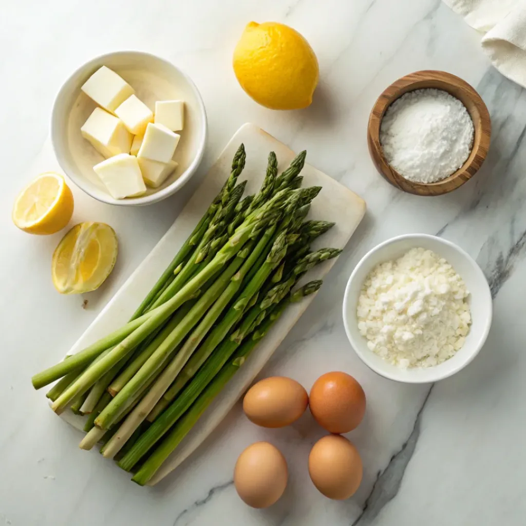 Asparagus, ricotta, lemon, eggs, flour, and butter ingredients