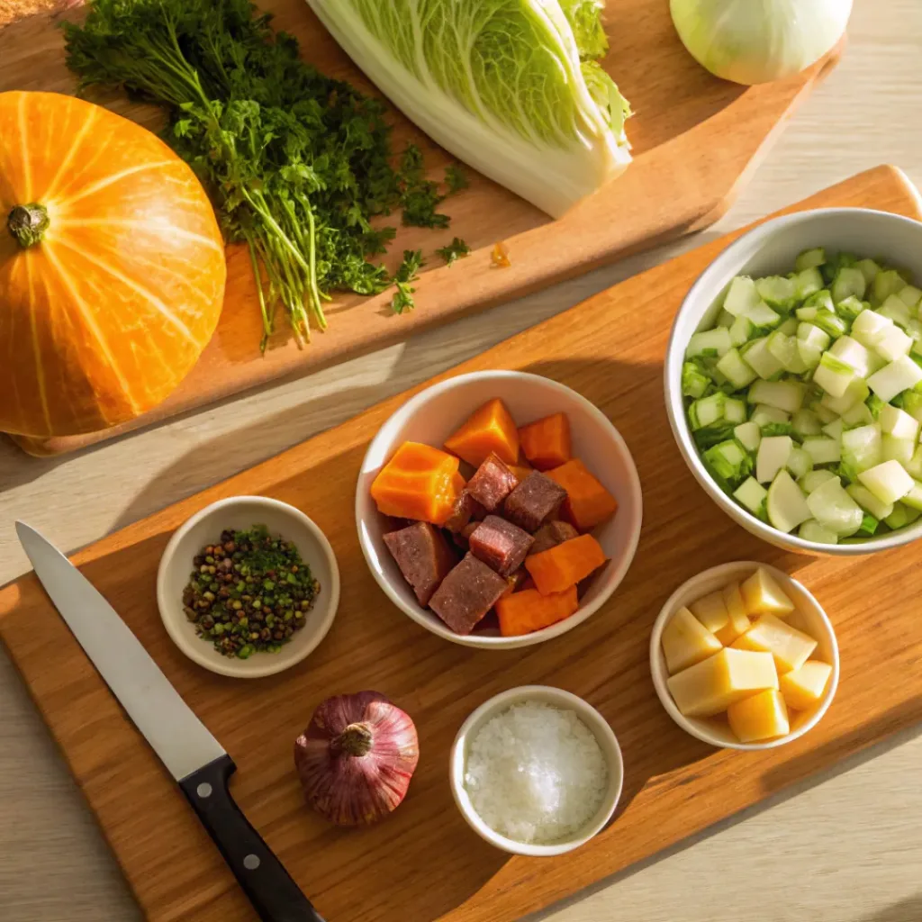 Flat lay of pumpkin squash, beef, vegetables, and herbs for Soup Joumou