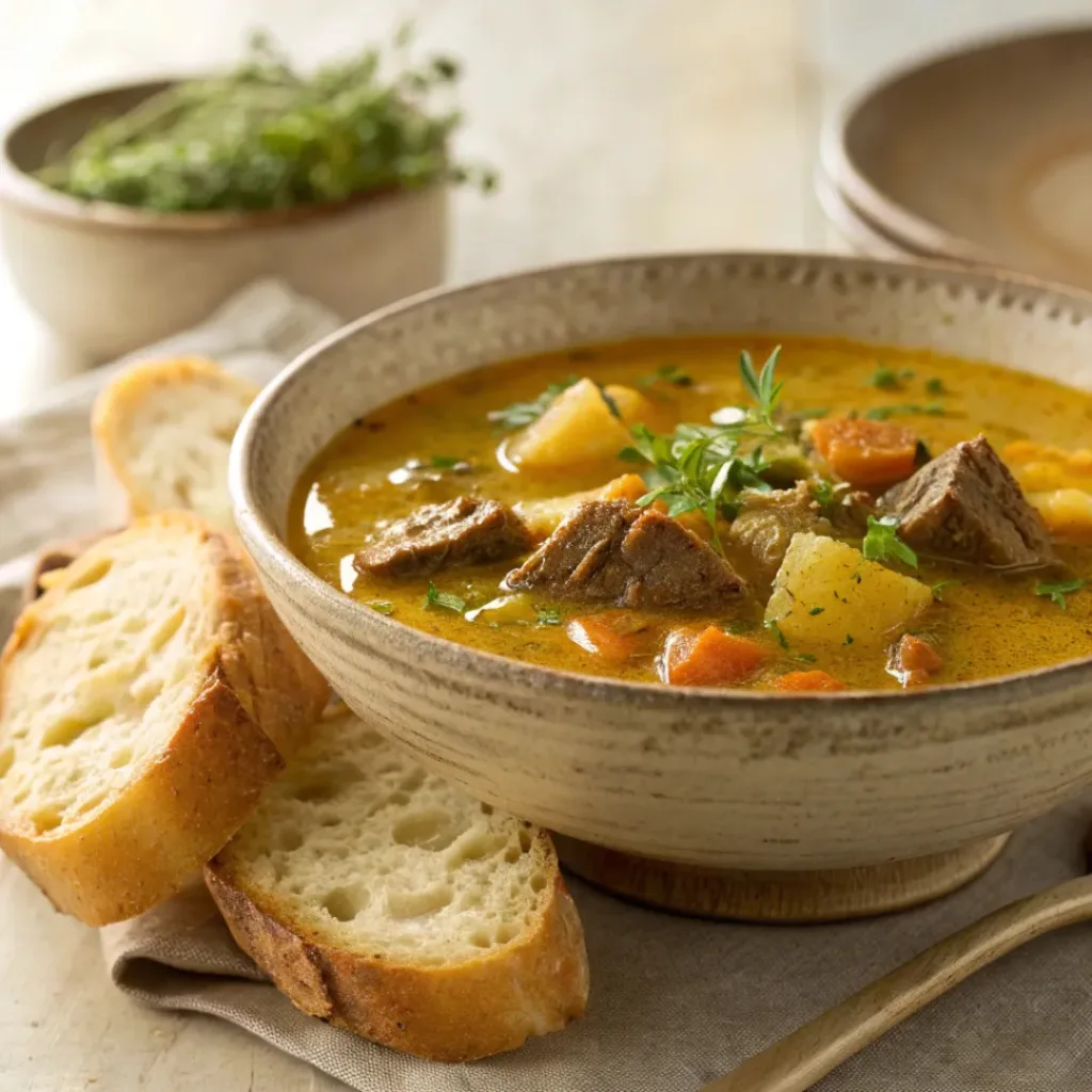 Authentic Soup Joumou served with bread in a rustic bowl