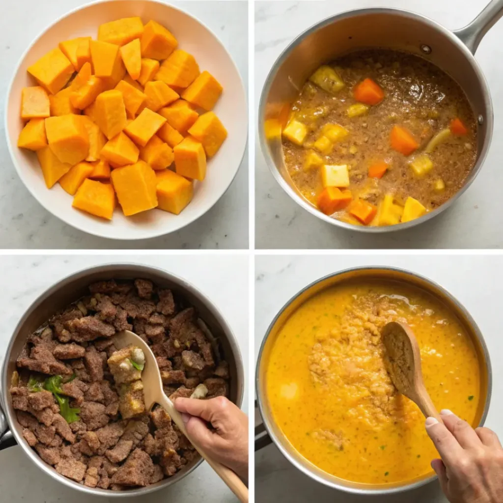 Four-panel collage showing preparing pumpkin, cooking beef, blending soup, and simmering vegetables