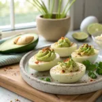 Halved deviled eggs filled with creamy avocado and garnished with paprika and chives