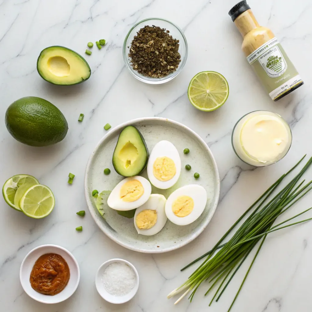 Avocado Deviled Eggs – Creamy & Healthy 6 Flat lay of ingredients for avocado deviled eggs including eggs, avocado, mayo, lime, and spices