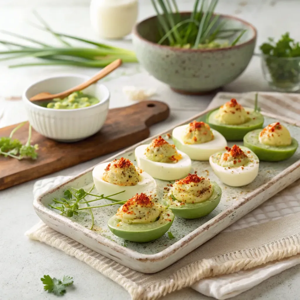 Avocado Deviled Eggs – Creamy & Healthy 8 Avocado deviled eggs garnished with paprika and chives on a serving platter